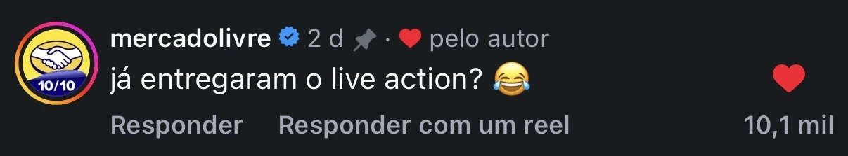 Comentário de @mercadolivre no perfil @vilaogru